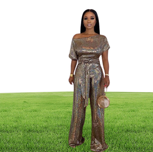 fashion shiny party women039s sequined jumpsuits sexy skew collar short sleeve rompers wide leg pants laceup fashion over
