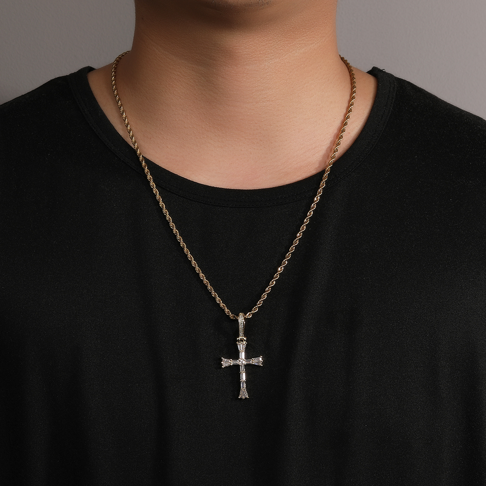 Hip Hop TopBling T Zircon Cross Pendant Necklace Women Men Gift Real Gold Plated Religion Jewelry