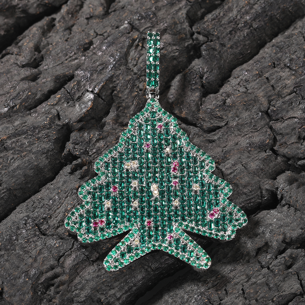 Hip Hop Christmas Tree Pendant Necklace Women Child Gift Full 5A Zircon 18k Real Gold Plated Jewelry
