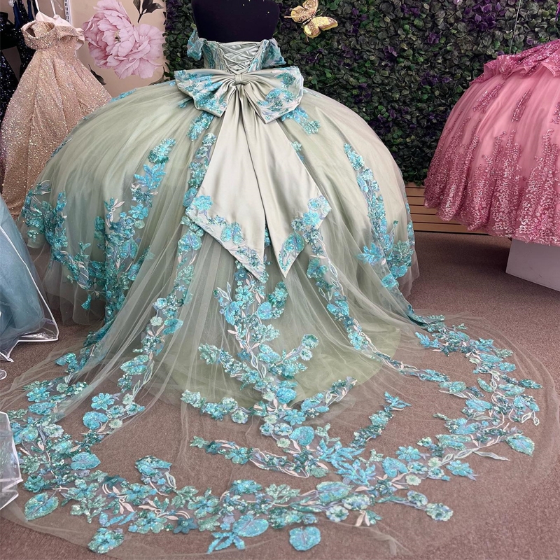 Light Green Off Shoulder Applique Lace Beads Sweep Quinceanera Dress Sweet 16 Vestidos De 15 Anos Tull Ball Gown