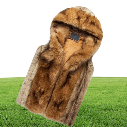 Whole brown faux fur coats for men winter fur vest jacket big size warm sleeveless outwear mens hooded fur coat overcoat