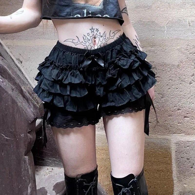 Women's Panties Gothic Lolita Lace Shorts Women Black Aesthetic Cute Sweet Bow Ruffle Bloomers Y2k E-girl Kawaii Frilly
