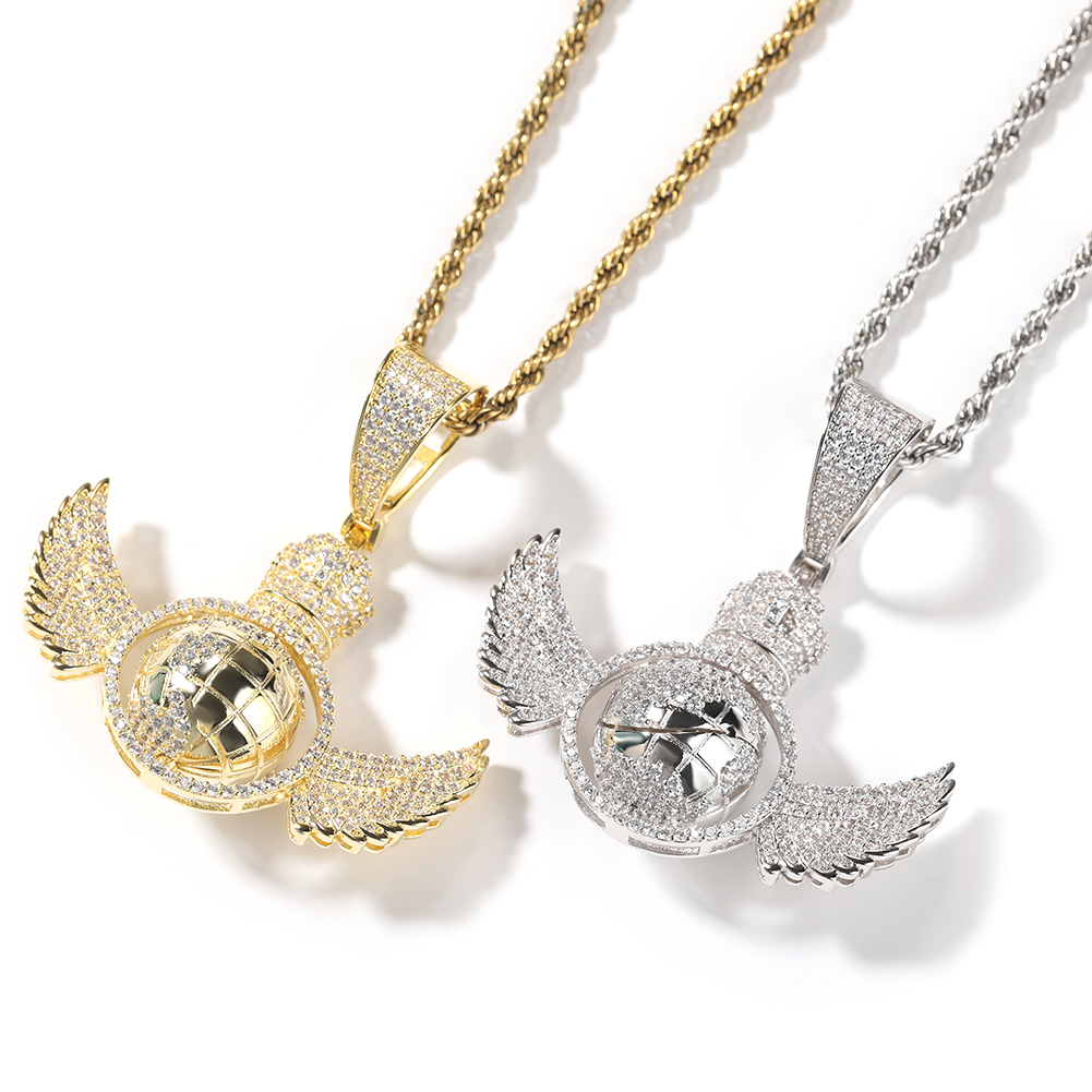 Hip Hop TopBling Angel Wings Rotate The Globe Pendant Necklace Full 5A Zircon 18k Real Gold Plated Jewelry