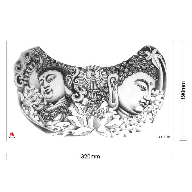 Three sided Buddha tattoo sticker waterproof and longlasting dragon head over shoulder flower chest beautiful woman letter