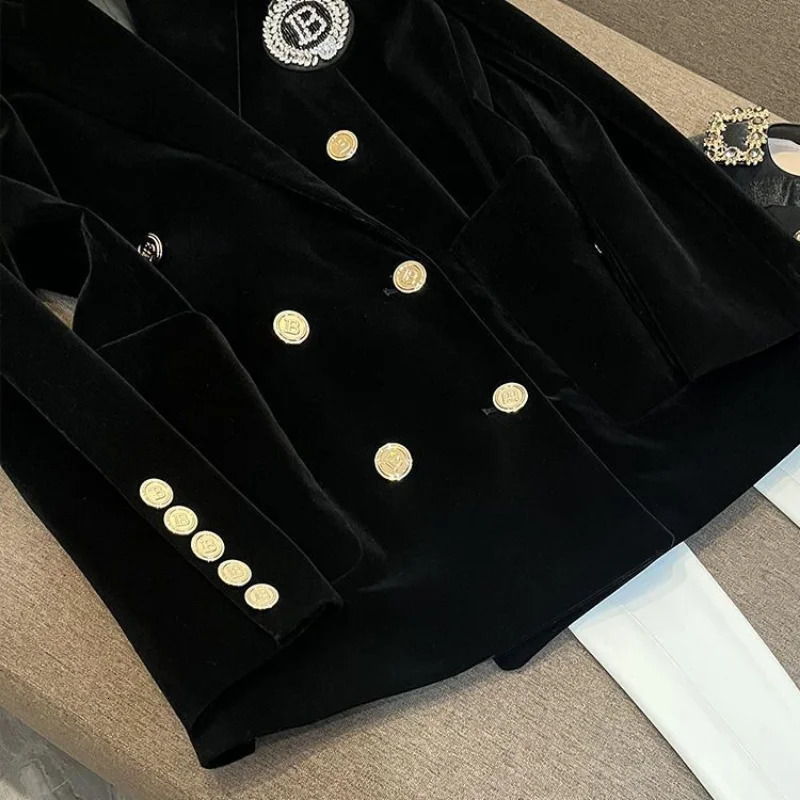 Spring Autumn Vintage Women Velvet Blazers Coat OL Turn Down Collar Velour Suit Jacket Letters Diamonds Cardigan Mid Length Tops 231222