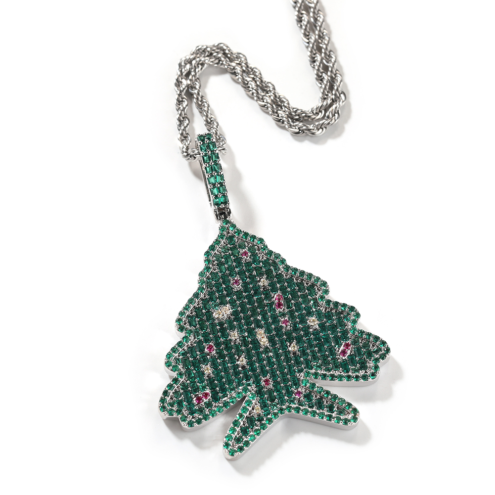Hip Hop Christmas Tree Pendant Necklace Women Child Gift Full 5A Zircon 18k Real Gold Plated Jewelry