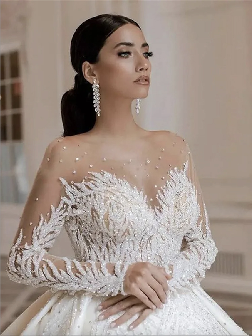Luxury Arabic Dubai Beads Crystals Ball Gown Wedding Dresses 2024 Vestido de Noiva Soft Tulle Long Sleeve Wedding Bridal Gowns