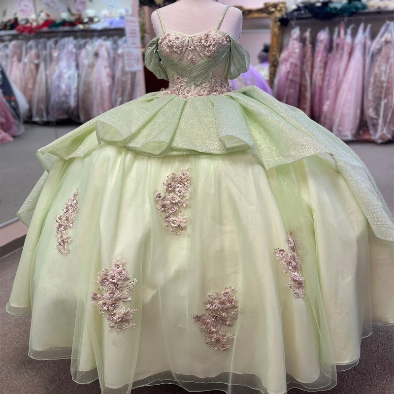 Sage Green Shiny Princess Quinceanera Dresses 2024 wer Appliques Lace-up Corset Off shoulder Vestidos De 15 Anos Prom