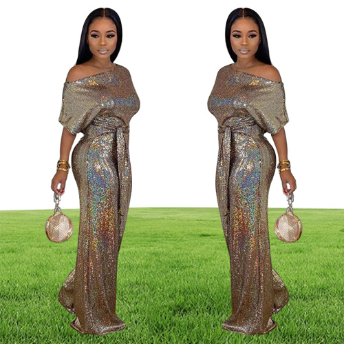 2020 fashion shiny party women039s sequined jumpsuits sexy skew collar short sleeve rompers wide leg pants laceup fashion over9908195