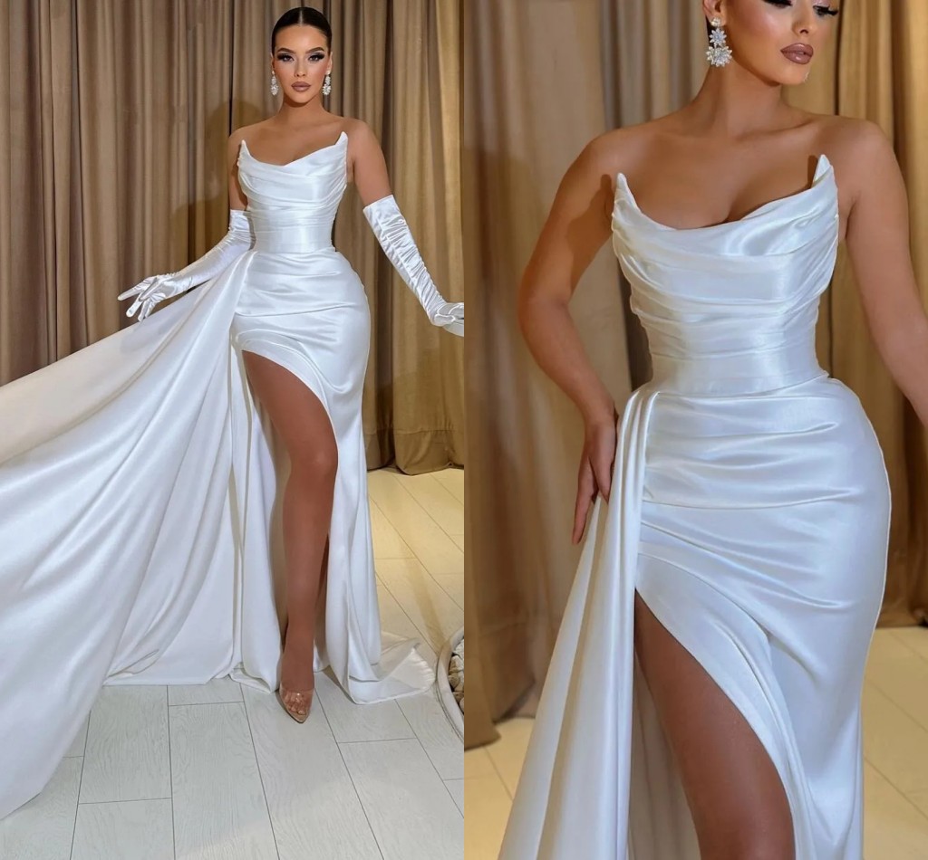 Elegant White Evening Pageant Dress 2024 Strapless Sleeveless Side Slit Satin Prom Birthday Formal Gowns Vestidos De Feast Robe De Soiree Casamento
