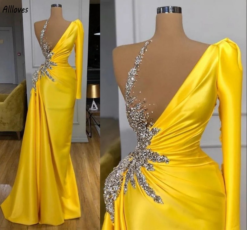 Evening Sequined Sparkling Crystals Dresses Elegant Yellow Satin One Shoulder Long Sleeve Formal Party Gowns Floor Length Arabic Dubai Vestidos Prom D