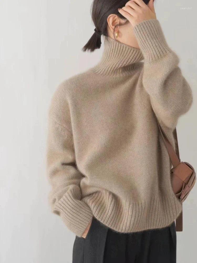 Designer women's sweater fashion Korea cashmere sweater pure wool high lapel 2025 autumn and winter casual loose padded knit top.