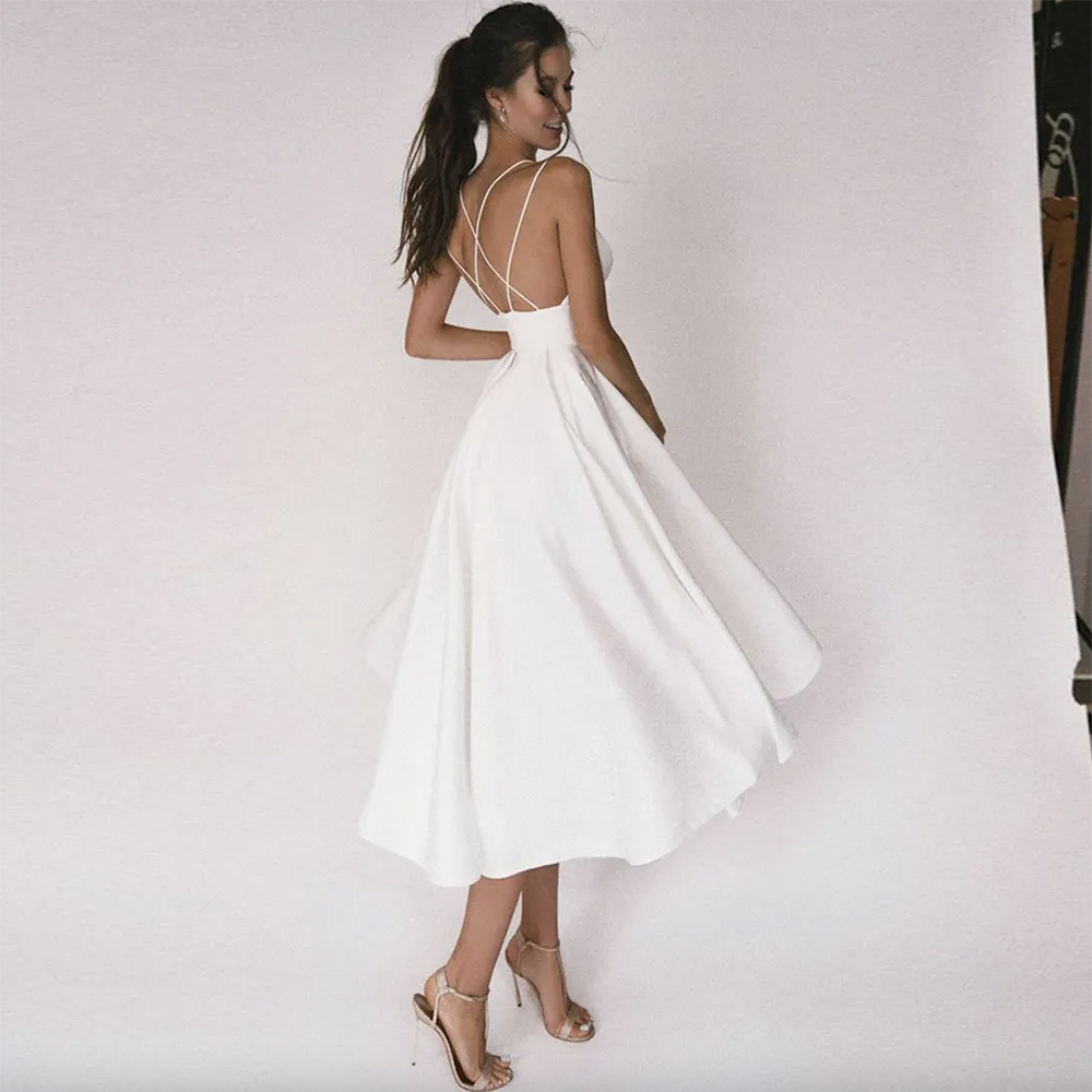 Sexy Short Wedding Dress 2023 Thin Straps Criss Cross Simple V Neck Satin Bridal Dresses A E Vestidos De Noiva Bride Gown 0914