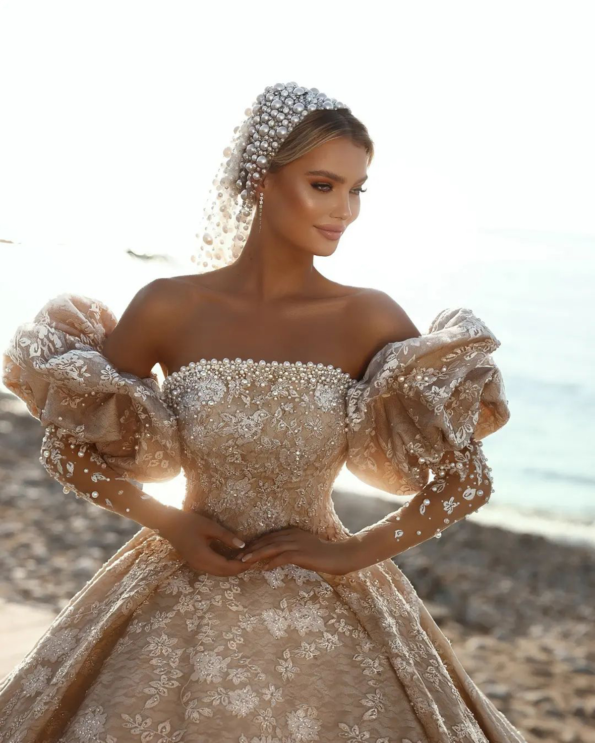 Shine 3D-Lace A-Line Wedding Dress With Flower Pearls Bateau Neck Puff sleeve Ball Gown Plus Size Brush Train Bridal Gowns Dress Customized D-H23818