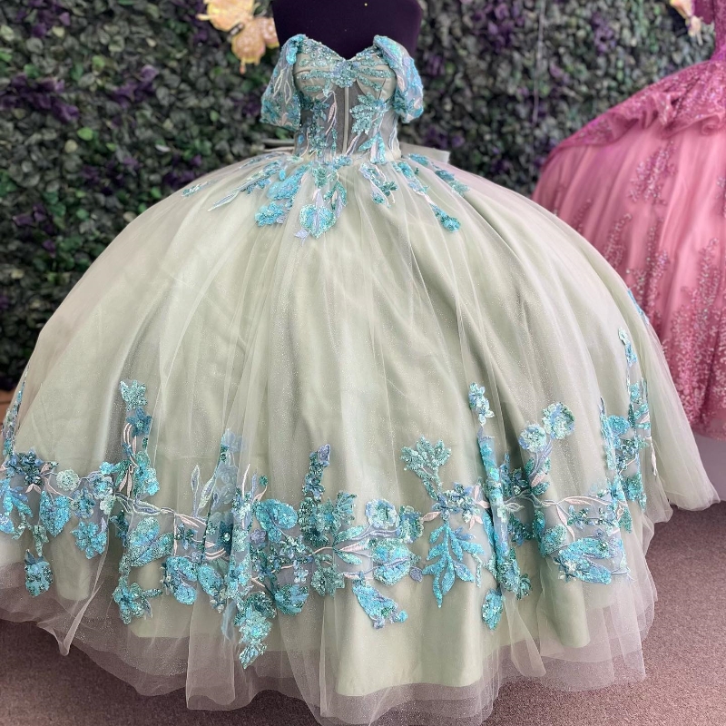Light Green Off Shoulder Applique Lace Beads Sweep Quinceanera Dress Sweet 16 Vestidos De 15 Anos Tull Ball Gown