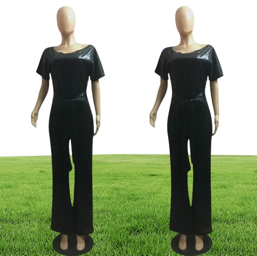 fashion shiny party women039s sequined jumpsuits sexy skew collar short sleeve rompers wide leg pants laceup fashion over