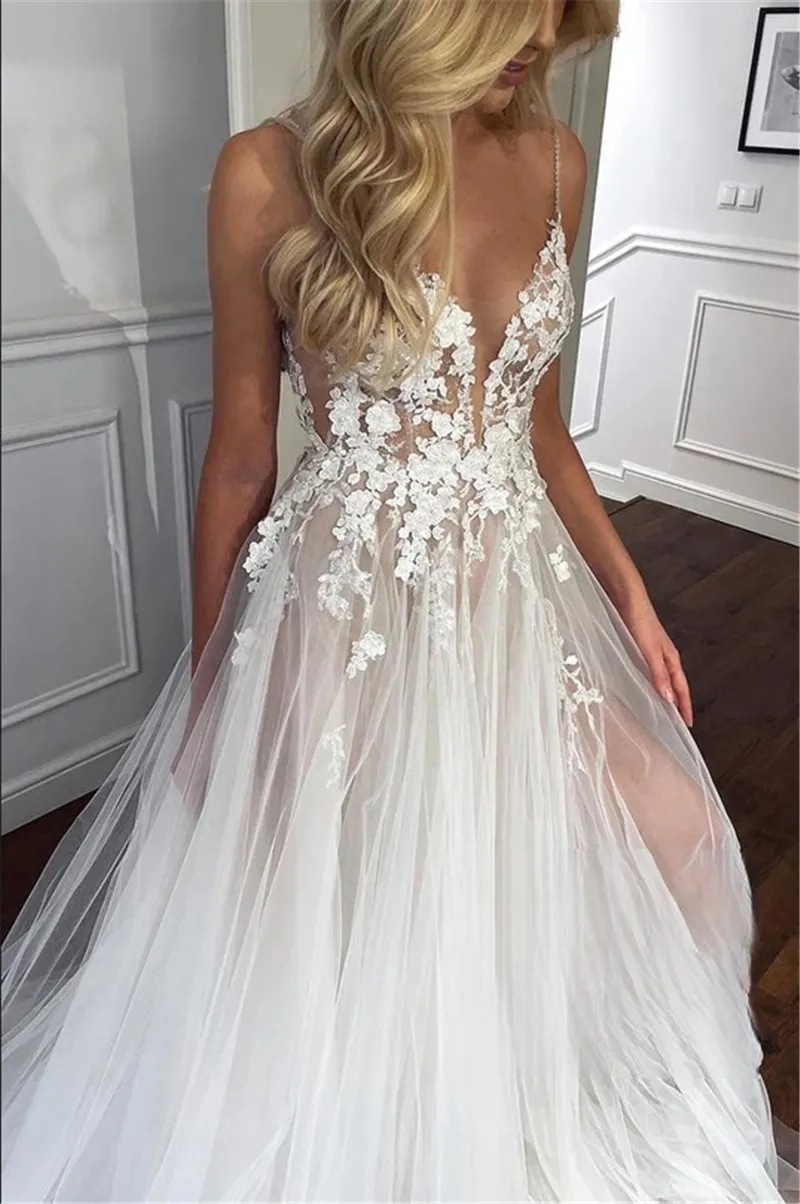 A Line Boho Wedding Dress 2024 Sweetheart Slit Spaghetti Straps Lace Appliques Tulle Bridal Women Gowns Vestido De Novia Robe De Mariage