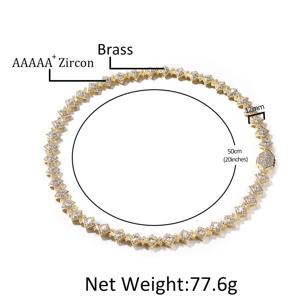 12mm Hip Hop Rhombus Tennis Chain Necklace Women Mens Sweater Chain Full 5A Zircon Jewelry
