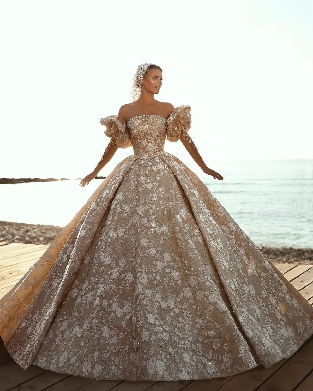 Shine 3D-Lace A-Line Wedding Dress With Flower Pearls Bateau Neck Puff sleeve Ball Gown Plus Size Brush Train Bridal Gowns Dress Customized D-H23818