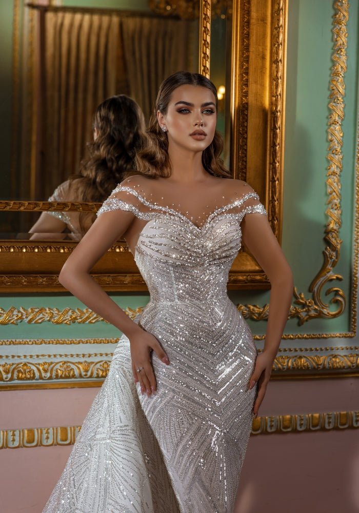 Sexy Illusion Mermaid Wedding Dress Sparkly Sequins Off Shoulder Bridal Gowns Luxury Custom Made Bride Dresses With Detachable Train