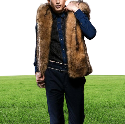 Whole brown faux fur coats for men winter fur vest jacket big size warm sleeveless outwear mens hooded fur coat overcoat