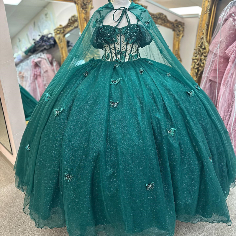 Green Shiny Quinceanera Dresses Ball Gown Sleeveless Appliques 3DButterfly Beads With Cape Vestidos De 15 Anos