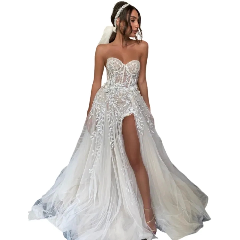 A Line Boho Wedding Dress 2024 Sweetheart Slit Sequins Appliques Tulle Bridal Women Gowns Vestido De Novia Robe De Mariage