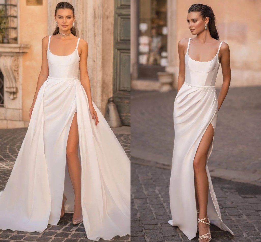 A Line Boho Wedding Dress 2024 Overskirts Sweetheart Slit Spaghetti Straps Satin Bridal Women Gowns Vestido De Novia Robe De Mariage