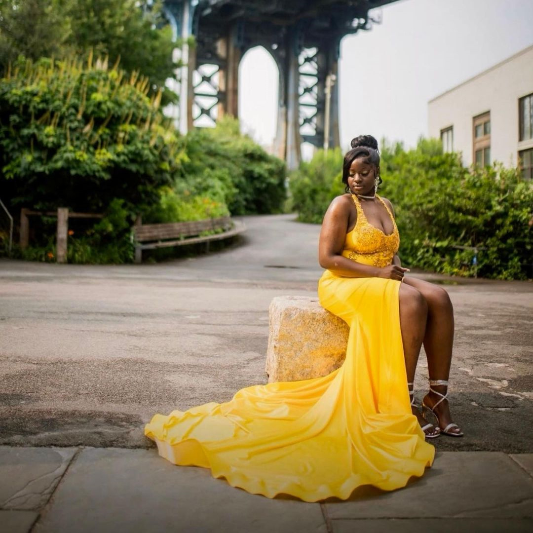 Yellow Mermaid Prom Beaded Appliques Sleeveless High Split Sexy Evening Dress Formal Party Gown Vestidos Para Mujer 0521