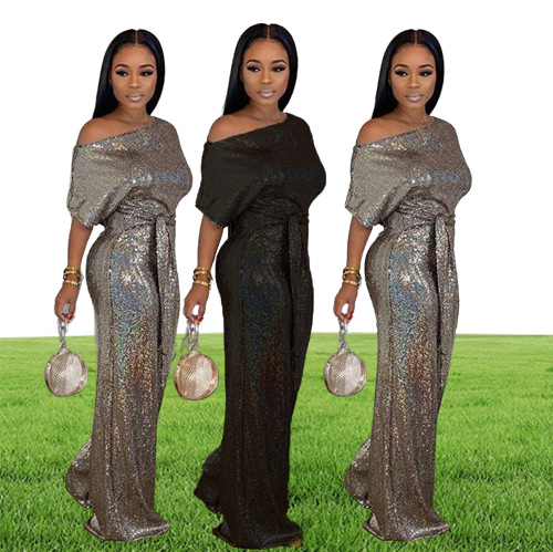 2020 fashion shiny party women039s sequined jumpsuits sexy skew collar short sleeve rompers wide leg pants laceup fashion over9908195