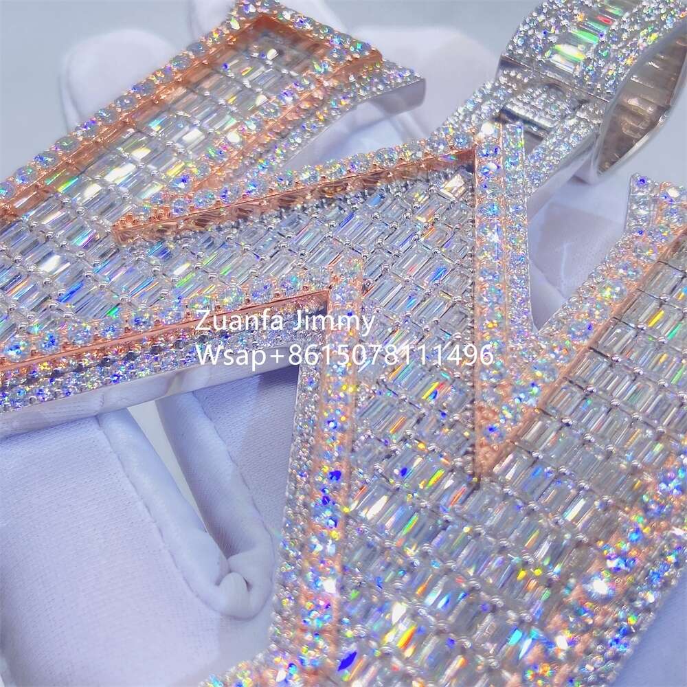 Customized Double Layered 3d Buss Down Heavy Fully Iced Out Hiphop Baguette Moissanite w Initial Letter Pendants