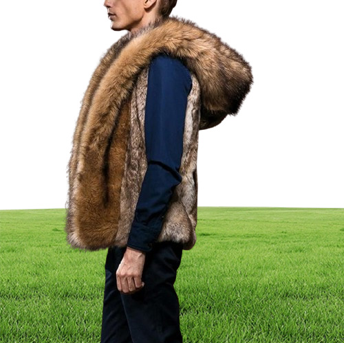Whole brown faux fur coats for men winter fur vest jacket big size warm sleeveless outwear mens hooded fur coat overcoat