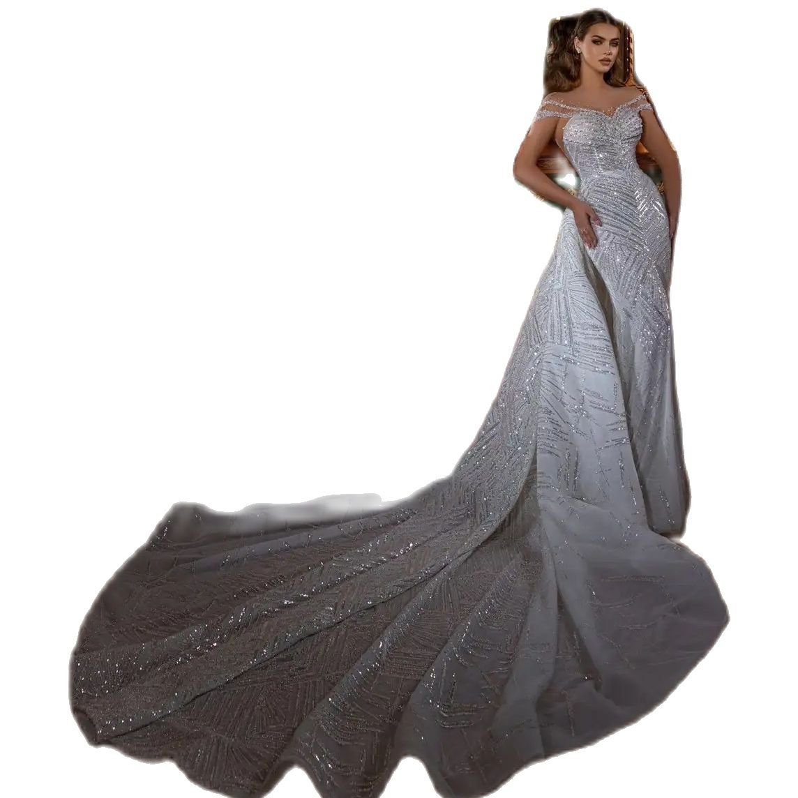 Sexy Illusion Mermaid Wedding Dress Sparkly Sequins Off Shoulder Bridal Gowns Luxury Custom Made Bride Dresses With Detachable Train