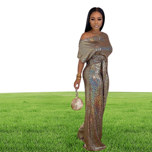 2020 fashion shiny party women039s sequined jumpsuits sexy skew collar short sleeve rompers wide leg pants laceup fashion over9908195