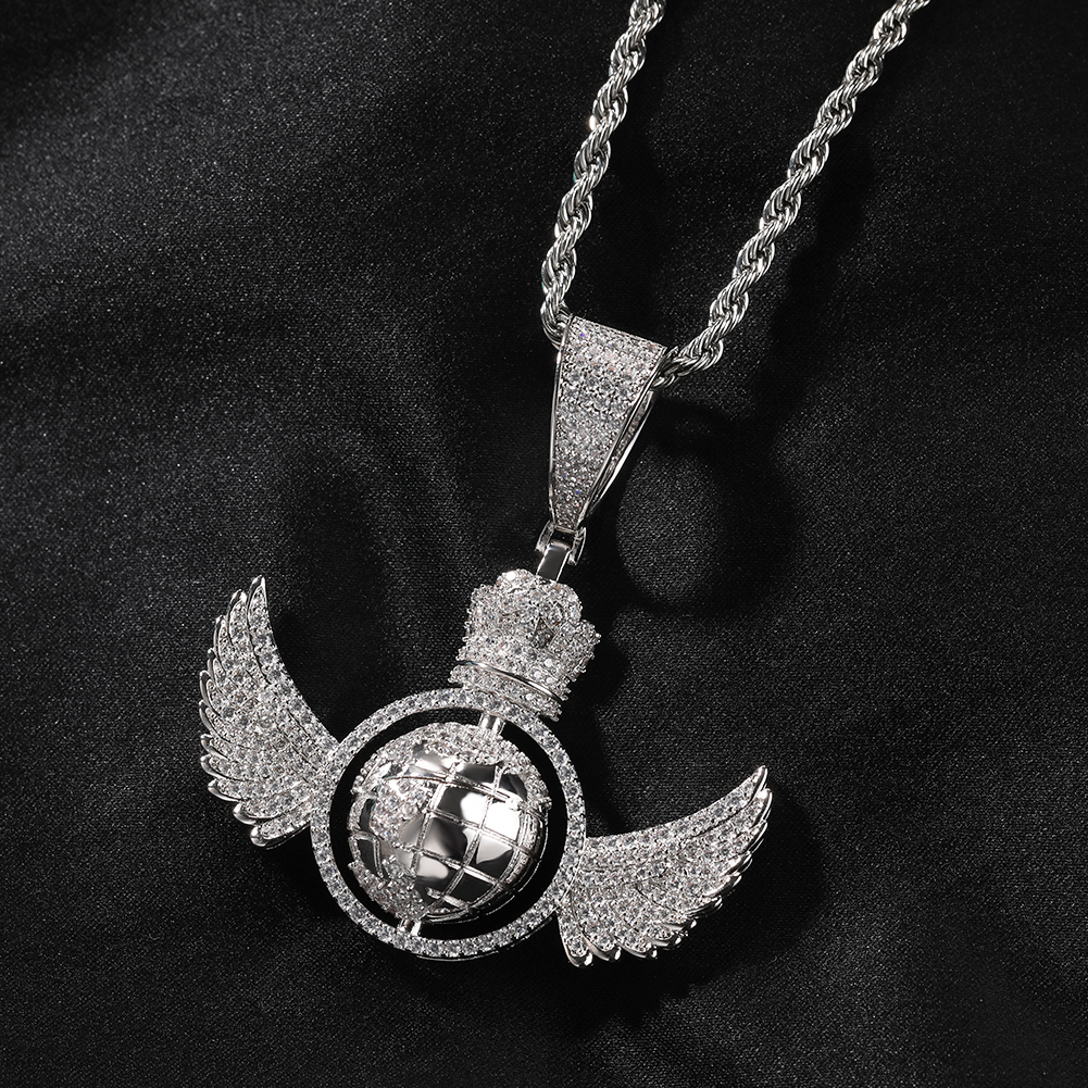 Hip Hop TopBling Angel Wings Rotate The Globe Pendant Necklace Full 5A Zircon 18k Real Gold Plated Jewelry
