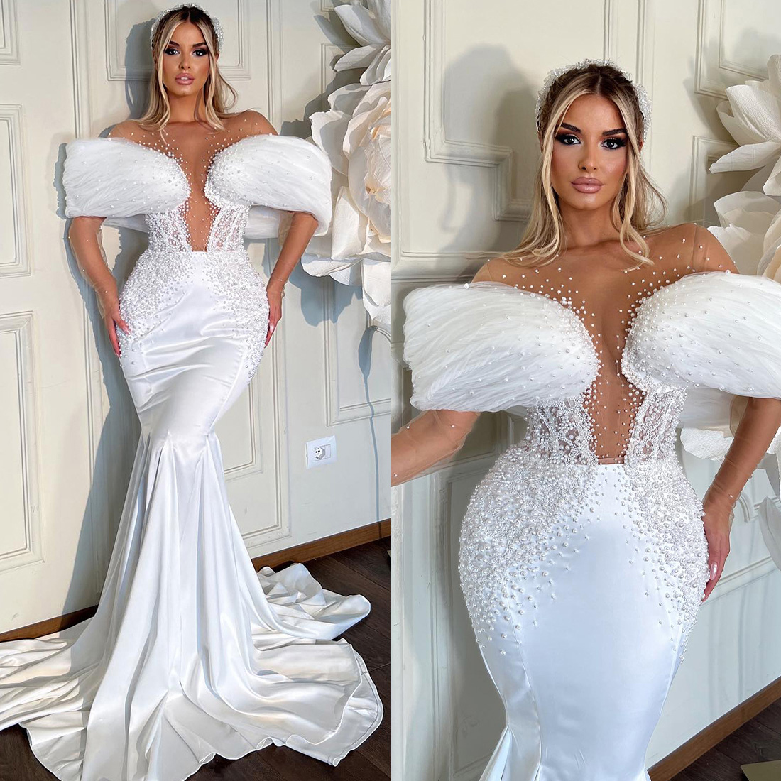 Fashion Shine Pearls Mermaid Wedding Dresses 3D-Lace Sexy Tulle V-Neck Beads Slim Fit Detachable Train Bride Dresses Size Custom Made D-H23833