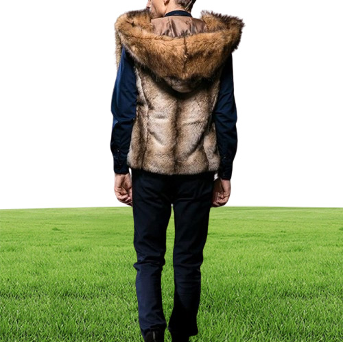 Whole brown faux fur coats for men winter fur vest jacket big size warm sleeveless outwear mens hooded fur coat overcoat