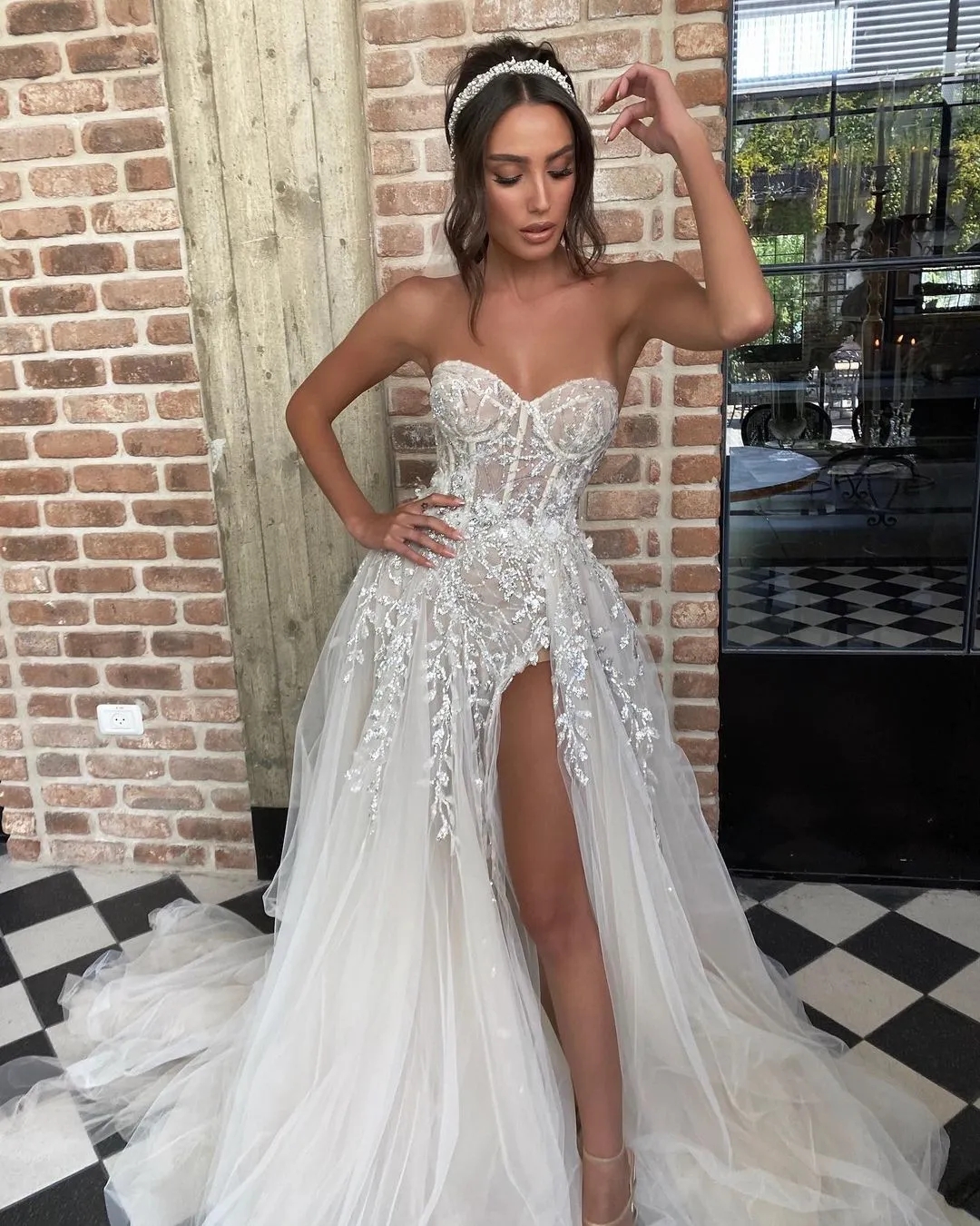 A Line Boho Wedding Dress 2024 Sweetheart Slit Sequins Appliques Tulle Bridal Women Gowns Vestido De Novia Robe De Mariage