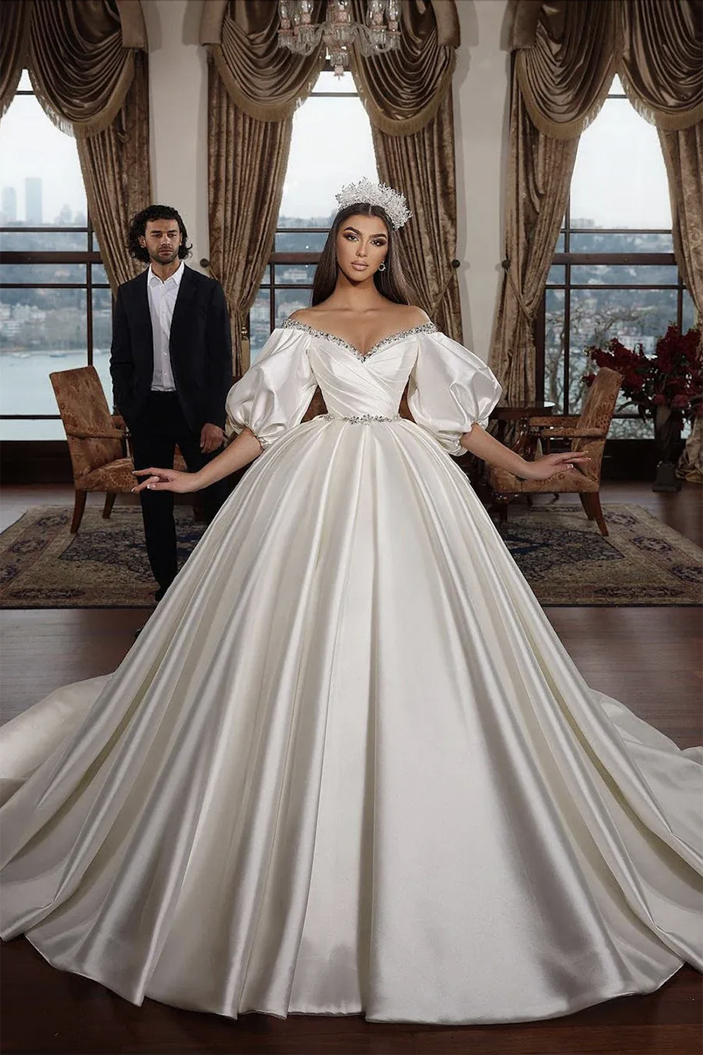 Cheap A-e Dresses Elegant Off-shoulder beading Satin Wedding Ruched Custom Made Sweep Train Bridal Gown