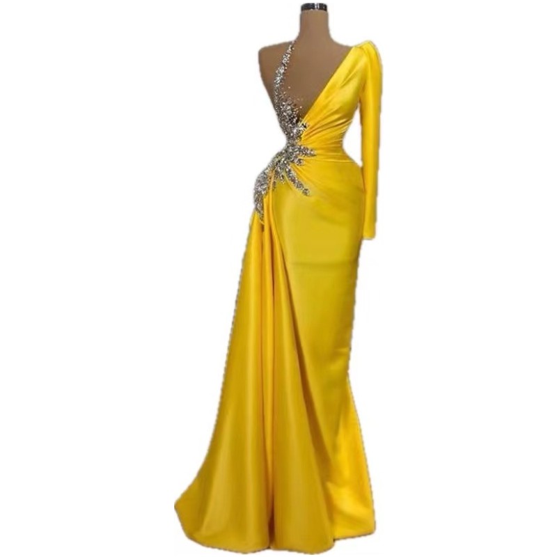 Evening Sequined Sparkling Crystals Dresses Elegant Yellow Satin One Shoulder Long Sleeve Formal Party Gowns Floor Length Arabic Dubai Vestidos Prom D