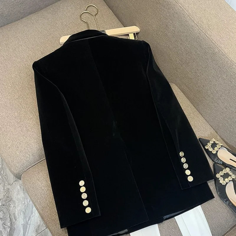Spring Autumn Vintage Women Velvet Blazers Coat OL Turn Down Collar Velour Suit Jacket Letters Diamonds Cardigan Mid Length Tops 231222