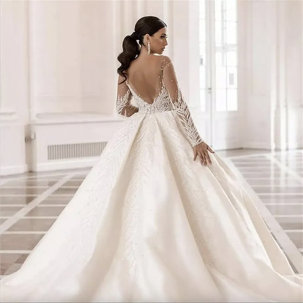 Luxury Arabic Dubai Beads Crystals Ball Gown Wedding Dresses 2024 Vestido de Noiva Soft Tulle Long Sleeve Wedding Bridal Gowns