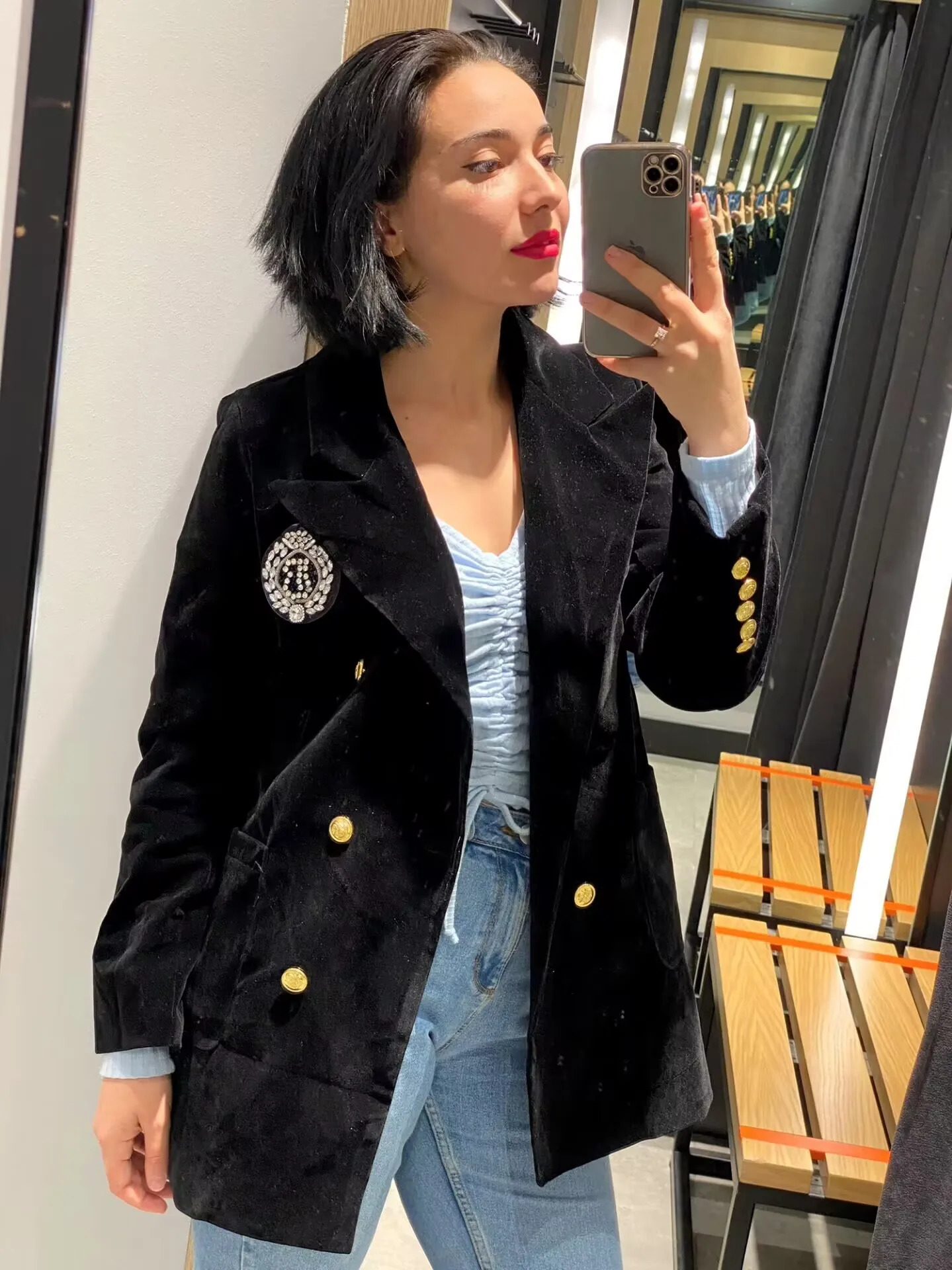 Spring Autumn Vintage Women Velvet Blazers Coat OL Turn Down Collar Velour Suit Jacket Letters Diamonds Cardigan Mid Length Tops 231222