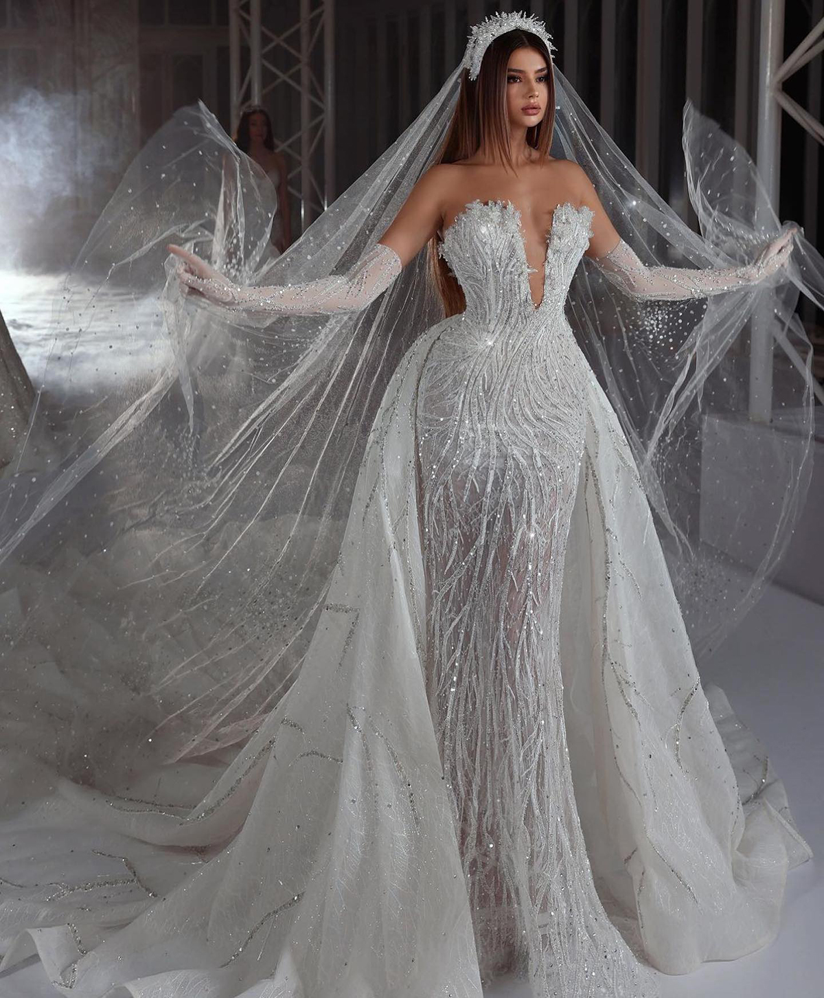 Shine Crystal Mermaid Wedding Dresses Fashion 3D-Lace Sexy Deep V-Neck Beads Slim Fit Detachable Train Bride Dresses Size Custom Made D-H23825