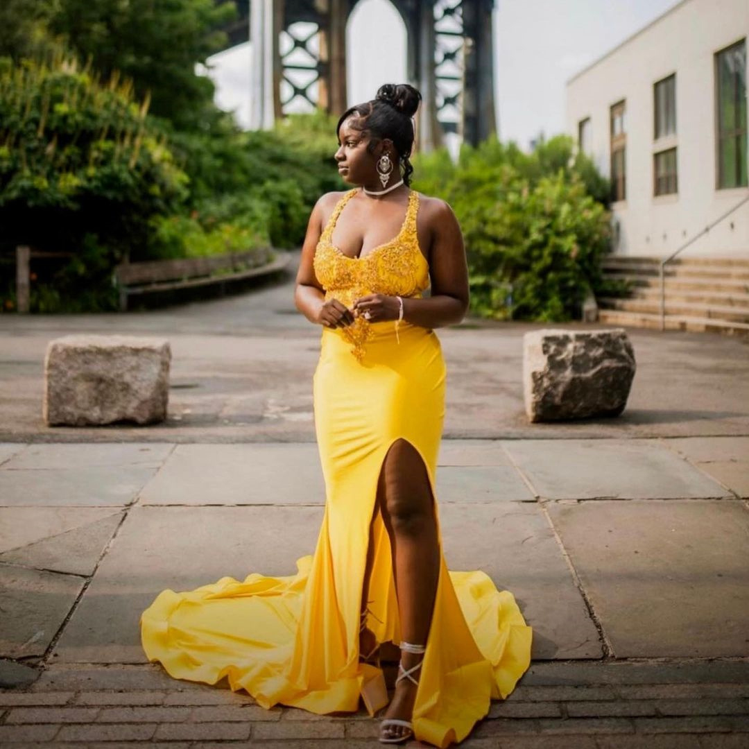 Yellow Mermaid Prom Beaded Appliques Sleeveless High Split Sexy Evening Dress Formal Party Gown Vestidos Para Mujer 0521