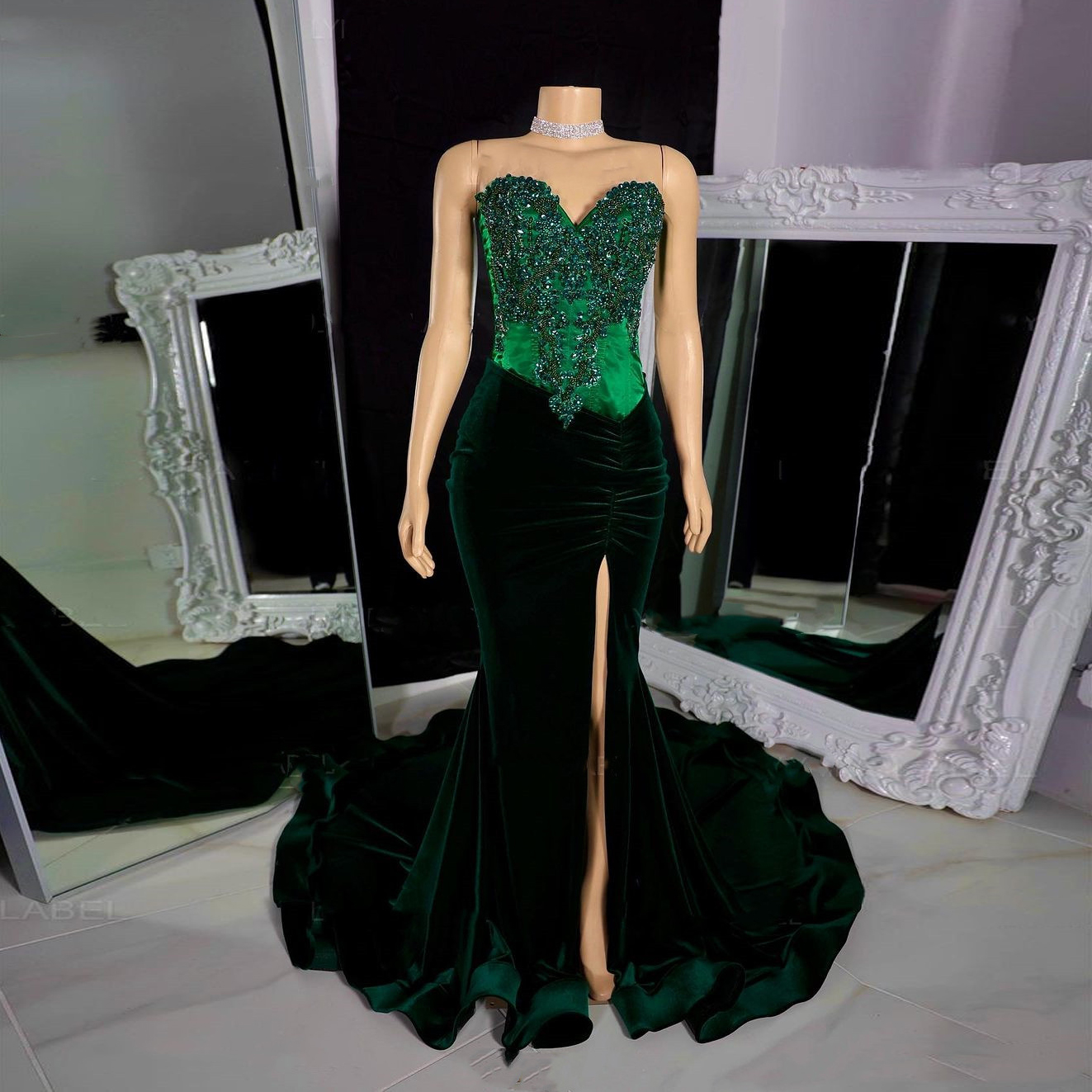 Elegant Green Mermaid Prom Appliques Beads Pleat High Split Sexy Evening Dress Arabic Dubai Women Robes De Soiree 0521