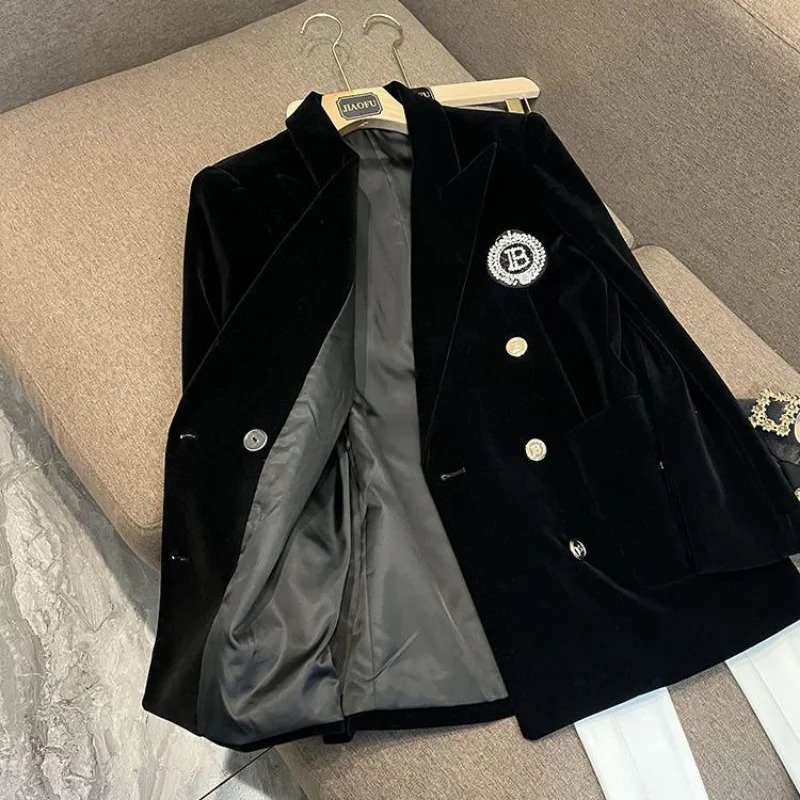 Spring Autumn Vintage Women Velvet Blazers Coat OL Turn Down Collar Velour Suit Jacket Letters Diamonds Cardigan Mid Length Tops 231222