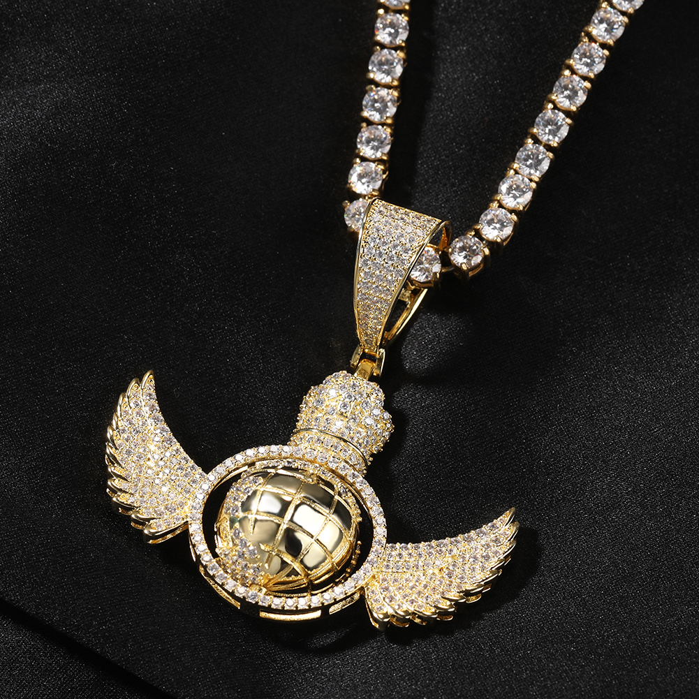 Hip Hop TopBling Angel Wings Rotate The Globe Pendant Necklace Full 5A Zircon 18k Real Gold Plated Jewelry