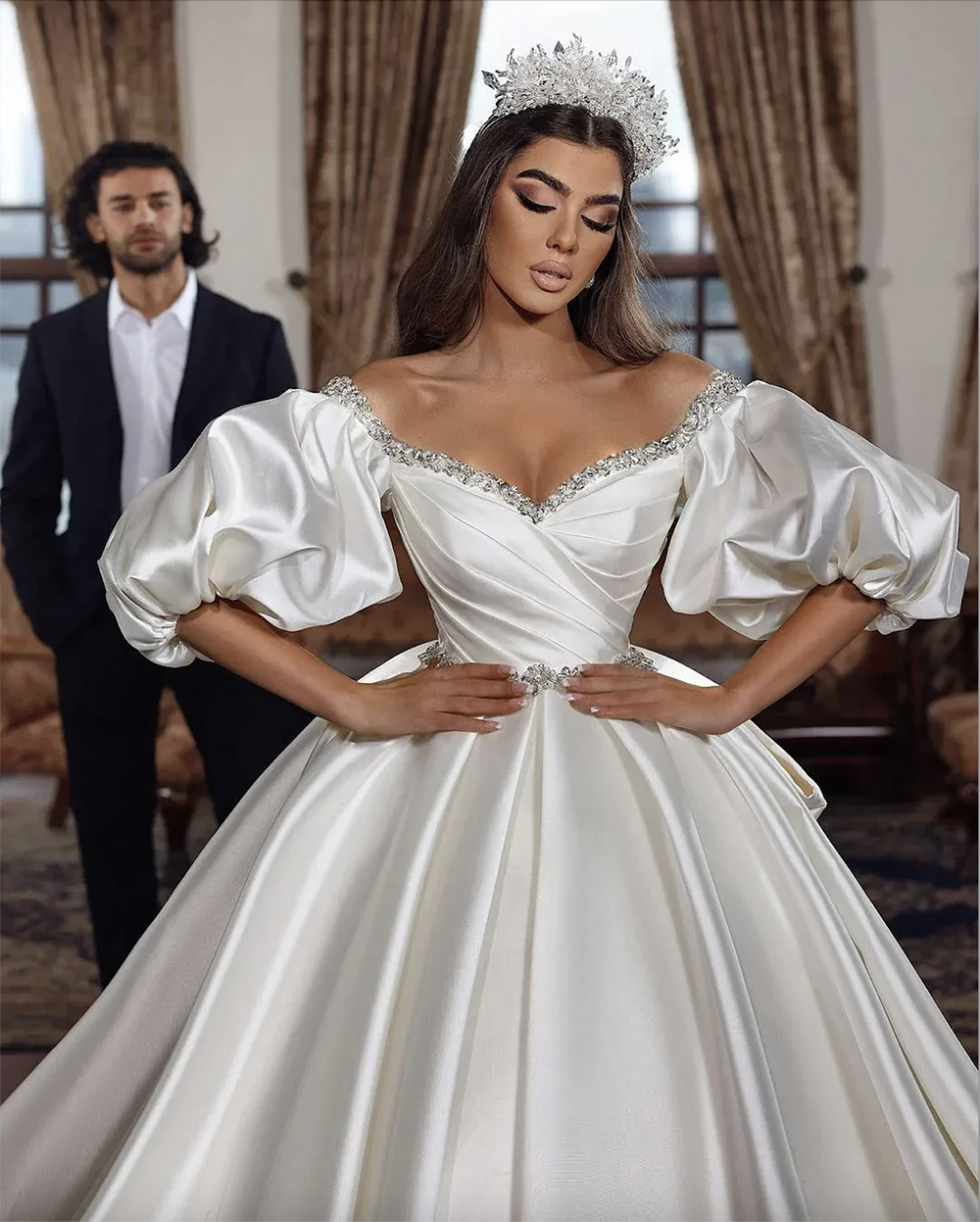 Cheap A-e Dresses Elegant Off-shoulder beading Satin Wedding Ruched Custom Made Sweep Train Bridal Gown