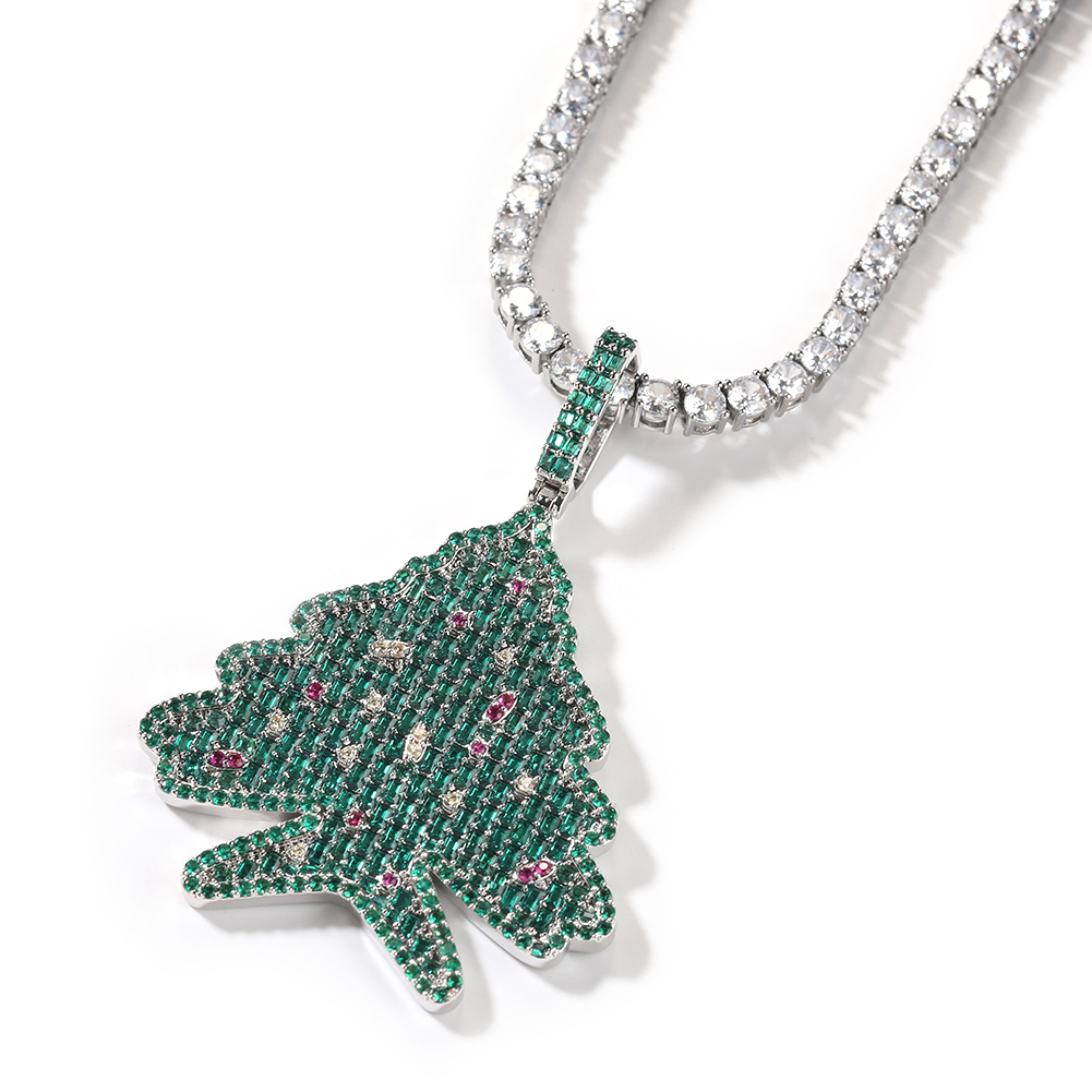 Hip Hop Christmas Tree Pendant Necklace Women Child Gift Full 5A Zircon 18k Real Gold Plated Jewelry